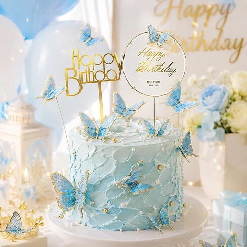 22 Pcs Butterfly Happy Birthday Cake Topper Set Acrylic & Gold Metal Frame Blue Butterfly Cake Decor for Birthday Wedding Spring Theme Party Cake Decorations Supplies in Saudi Arabia