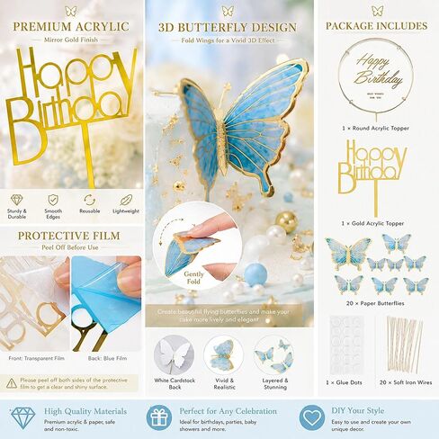 22 Pcs Butterfly Happy Birthday Cake Topper Set Acrylic & Gold Metal Frame Blue Butterfly Cake Decor for Birthday Wedding Spring Theme Party Cake Decorations Supplies in Saudi Arabia