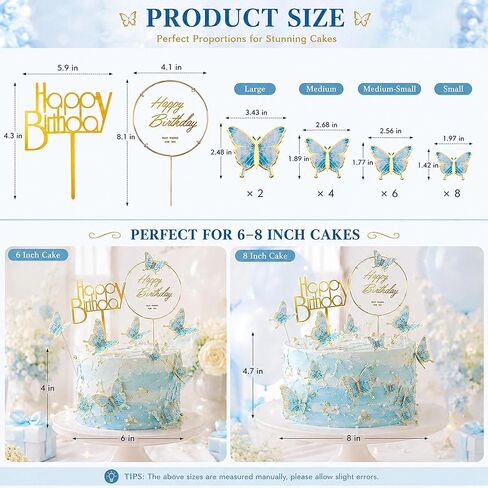 22 Pcs Butterfly Happy Birthday Cake Topper Set Acrylic & Gold Metal Frame Blue Butterfly Cake Decor for Birthday Wedding Spring Theme Party Cake Decorations Supplies in Saudi Arabia