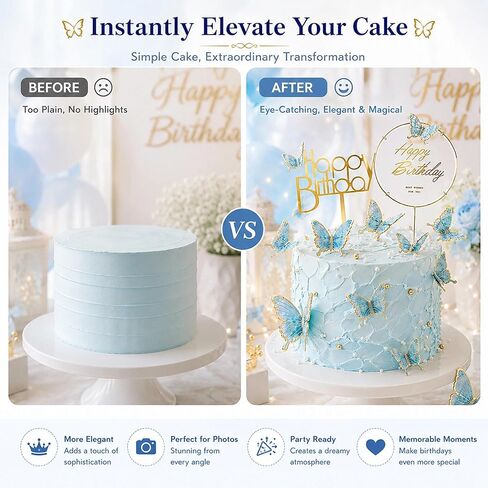 22 Pcs Butterfly Happy Birthday Cake Topper Set Acrylic & Gold Metal Frame Blue Butterfly Cake Decor for Birthday Wedding Spring Theme Party Cake Decorations Supplies in Saudi Arabia