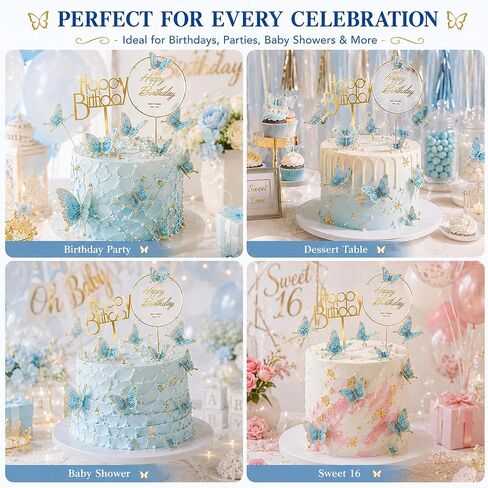 22 Pcs Butterfly Happy Birthday Cake Topper Set Acrylic & Gold Metal Frame Blue Butterfly Cake Decor for Birthday Wedding Spring Theme Party Cake Decorations Supplies in Saudi Arabia