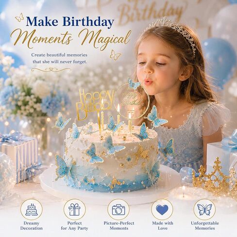 22 Pcs Butterfly Happy Birthday Cake Topper Set Acrylic & Gold Metal Frame Blue Butterfly Cake Decor for Birthday Wedding Spring Theme Party Cake Decorations Supplies in Saudi Arabia