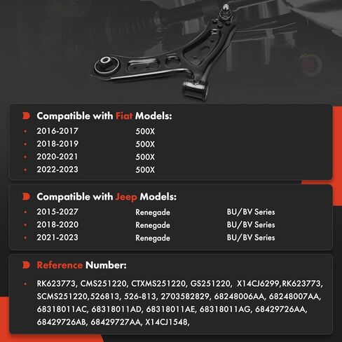 ذراع التحكم السفلي الأيسر الأمامي A-Premium، مع وصلة كروية وبطانة، متوافق مع Jeep Renegade 2015-2023 وFiat 500X 2016-2023 in Kuwait