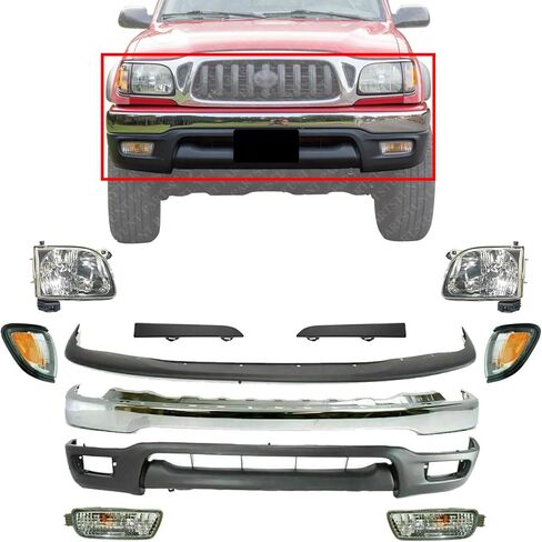 Front Bumper Chrome + Upper Cover + Lower Valance + Fillers + Headlamps + Parking Lamps + Signal Lamps Left Driver and Right Passenger Side Direct Replacement For 2001-2004 Toyota Tacoma in Saudi Arabia