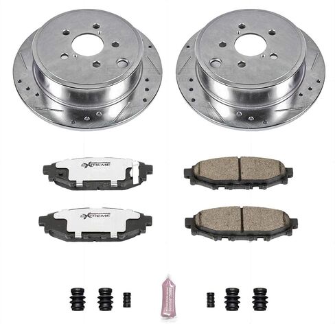 طقم فرامل خلفية PowerStop لسوبارو BRZ 2013-16 |Forester 2009-13 |Impreza 2008-14 |Legacy 2010-14 |Outback 2010-14 - وسادات فرامل Z26 من السيراميك من ألياف الكربون + ترقية الدوارات المحفورة والمشقوقة، K4631-26 in Kuwait