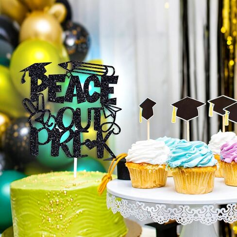 Peace out Pre-k Cake Topper, Preschool Graduation Cake Decor, You Did It, Kindergarten Graduation Party Decorations Supplies Gold Glitter in Saudi Arabia