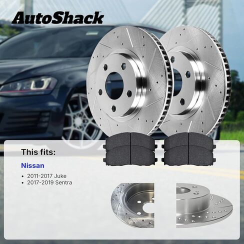 دوارات فرامل أمامية ومنصات سيراميك من AutoShack لنيسان، سنترا 2017-2019 جوك 2011-2017، AWD FWD L4 1.6L - مطلية بالزنك الفضي محفورة ومشقوقة - SilverShield Pro - 11.64 بوصة (295.7 ملم)، 5 عروات in Kuwait
