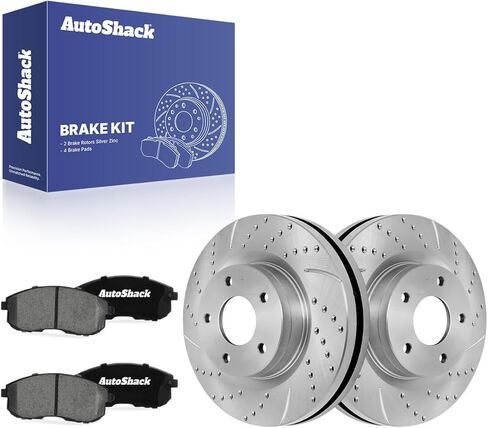 دوارات فرامل أمامية ومنصات سيراميك من AutoShack لنيسان، سنترا 2017-2019 جوك 2011-2017، AWD FWD L4 1.6L - مطلية بالزنك الفضي محفورة ومشقوقة - SilverShield Pro - 11.64 بوصة (295.7 ملم)، 5 عروات in Kuwait