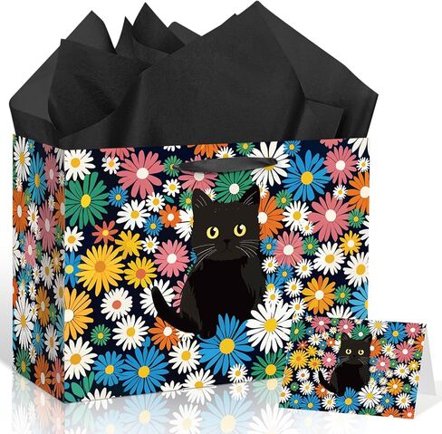 Vintage Floral Kitty Gift Bag Black Cat Daisy Gift Wrapping Bag with Tissue Paper Greeting Card Wildflower Feline Favors Bag for Cat Lovers Women Men Girls Boys Birthday Party Supplies Decorations in Kuwait