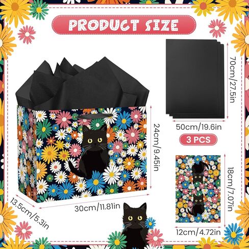 Vintage Floral Kitty Gift Bag Black Cat Daisy Gift Wrapping Bag with Tissue Paper Greeting Card Wildflower Feline Favors Bag for Cat Lovers Women Men Girls Boys Birthday Party Supplies Decorations in Kuwait