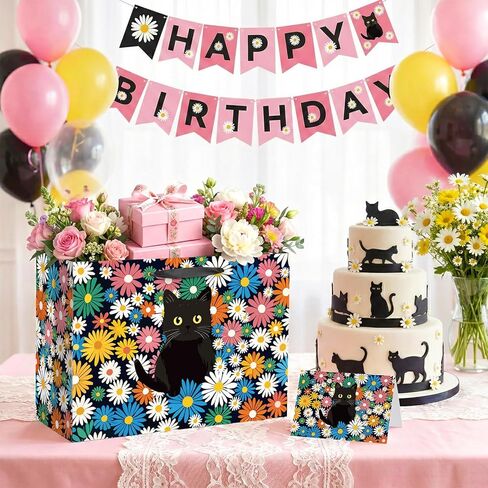 Vintage Floral Kitty Gift Bag Black Cat Daisy Gift Wrapping Bag with Tissue Paper Greeting Card Wildflower Feline Favors Bag for Cat Lovers Women Men Girls Boys Birthday Party Supplies Decorations in Kuwait
