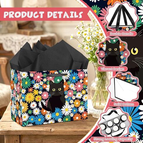 Vintage Floral Kitty Gift Bag Black Cat Daisy Gift Wrapping Bag with Tissue Paper Greeting Card Wildflower Feline Favors Bag for Cat Lovers Women Men Girls Boys Birthday Party Supplies Decorations in Kuwait