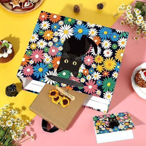 Vintage Floral Kitty Gift Bag Black Cat Daisy Gift Wrapping Bag with Tissue Paper Greeting Card Wildflower Feline Favors Bag for Cat Lovers Women Men Girls Boys Birthday Party Supplies Decorations in Kuwait