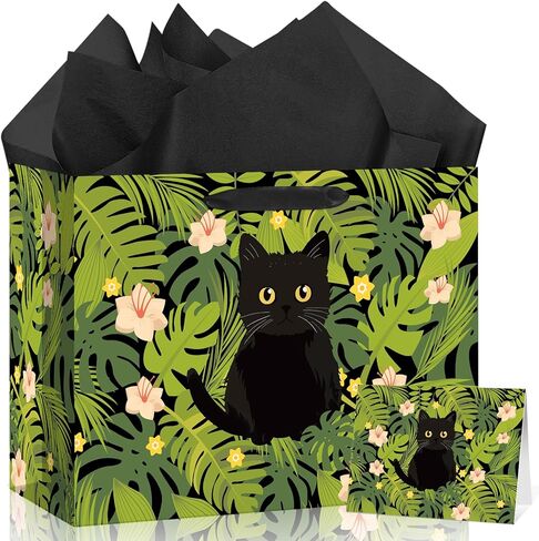 Vintage Floral Kitty Gift Bag Black Cat Daisy Gift Wrapping Bag with Tissue Paper Greeting Card Wildflower Feline Favors Bag for Cat Lovers Women Men Girls Boys Birthday Party Supplies Decorations in Kuwait