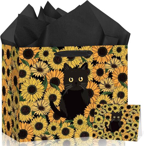 Vintage Floral Kitty Gift Bag Black Cat Daisy Gift Wrapping Bag with Tissue Paper Greeting Card Wildflower Feline Favors Bag for Cat Lovers Women Men Girls Boys Birthday Party Supplies Decorations in Kuwait