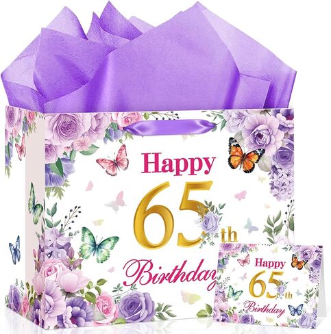 MOORIIY Purple Happy 100th Birthday Gift Bag, Flower 100th Birthday Gift Bag with Tissue Paper and Card, 100 Year Wrapping Paper Bag for Women Hundredth Birthday Party Favors Supplies in Saudi Arabia