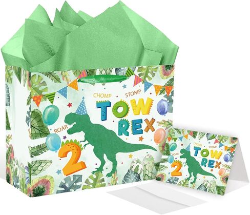 SolarGlory 3rd Birthday Gift Bag Three Rex Dinosaur Gift Wrapping Paper Bag with Green Tissue Paper and Card Dinosaur 3rd Party Decorations for Boys Young Baby 3 Year Old Birthday Party Baby Shower in Saudi Arabia