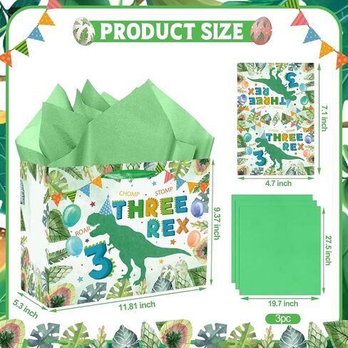 SolarGlory 3rd Birthday Gift Bag Three Rex Dinosaur Gift Wrapping Paper Bag with Green Tissue Paper and Card Dinosaur 3rd Party Decorations for Boys Young Baby 3 Year Old Birthday Party Baby Shower in Saudi Arabia