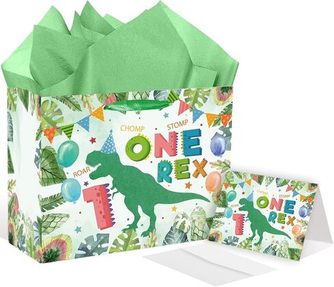 SolarGlory 3rd Birthday Gift Bag Three Rex Dinosaur Gift Wrapping Paper Bag with Green Tissue Paper and Card Dinosaur 3rd Party Decorations for Boys Young Baby 3 Year Old Birthday Party Baby Shower in Saudi Arabia