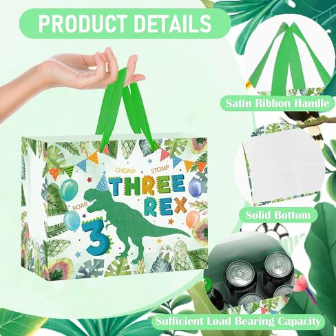 SolarGlory 3rd Birthday Gift Bag Three Rex Dinosaur Gift Wrapping Paper Bag with Green Tissue Paper and Card Dinosaur 3rd Party Decorations for Boys Young Baby 3 Year Old Birthday Party Baby Shower in Saudi Arabia