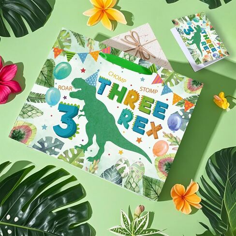 SolarGlory 3rd Birthday Gift Bag Three Rex Dinosaur Gift Wrapping Paper Bag with Green Tissue Paper and Card Dinosaur 3rd Party Decorations for Boys Young Baby 3 Year Old Birthday Party Baby Shower in Saudi Arabia