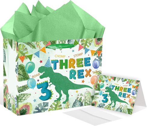 SolarGlory 3rd Birthday Gift Bag Three Rex Dinosaur Gift Wrapping Paper Bag with Green Tissue Paper and Card Dinosaur 3rd Party Decorations for Boys Young Baby 3 Year Old Birthday Party Baby Shower in Saudi Arabia
