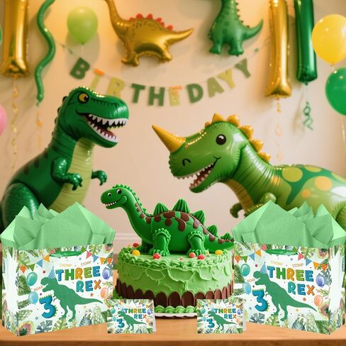 SolarGlory 3rd Birthday Gift Bag Three Rex Dinosaur Gift Wrapping Paper Bag with Green Tissue Paper and Card Dinosaur 3rd Party Decorations for Boys Young Baby 3 Year Old Birthday Party Baby Shower in Saudi Arabia