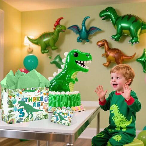 SolarGlory 3rd Birthday Gift Bag Three Rex Dinosaur Gift Wrapping Paper Bag with Green Tissue Paper and Card Dinosaur 3rd Party Decorations for Boys Young Baby 3 Year Old Birthday Party Baby Shower in Saudi Arabia