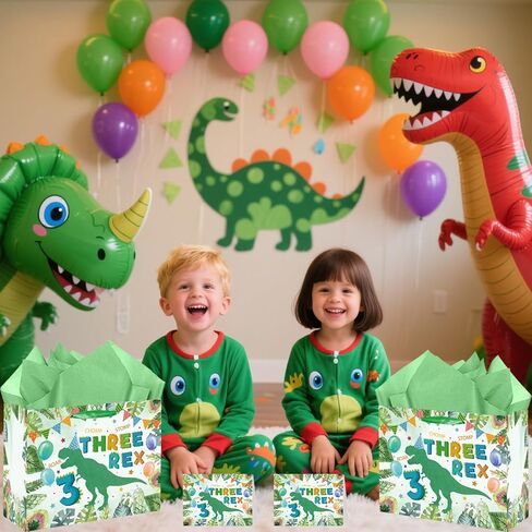 SolarGlory 3rd Birthday Gift Bag Three Rex Dinosaur Gift Wrapping Paper Bag with Green Tissue Paper and Card Dinosaur 3rd Party Decorations for Boys Young Baby 3 Year Old Birthday Party Baby Shower in Saudi Arabia