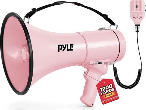 Pyle 50W Megaphone Bullhorn - Portable, Automatic Siren & Adjustable Volume,Projection Range Up to 1200 Square Yards, Aux Input, Talk, Siren, Music, Whistle, & Record, Shoulder Strap (Pink) in Saudi Arabia