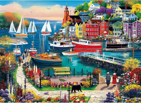 500 Piece Puzzles for Adults, Colorful Seaside Town Puzzle for Teens Adults Seniors, Recycled Cardboard Boats Jigsaw Puzzle 500 Pieces, Cute Puzzle with Letters on Back, Challenging Family Game Gifts in Saudi Arabia