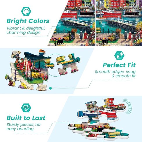 500 Piece Puzzles for Adults, Colorful Seaside Town Puzzle for Teens Adults Seniors, Recycled Cardboard Boats Jigsaw Puzzle 500 Pieces, Cute Puzzle with Letters on Back, Challenging Family Game Gifts in Saudi Arabia