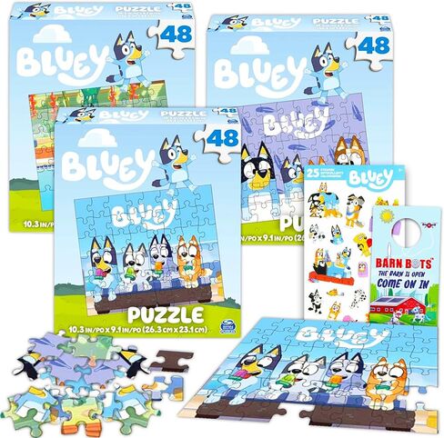 مجموعة ألغاز Bluey Premier مكونة من 48 قطعة للأطفال - حزمة لوازم الحفلات مع 3 ألغاز تركيب الصور بالإضافة إلى ملصقات، المزيد | ألعاب وأنشطة بلوي للأطفال in Kuwait