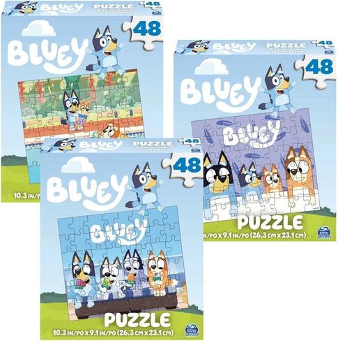 مجموعة ألغاز Bluey Premier مكونة من 48 قطعة للأطفال - حزمة لوازم الحفلات مع 3 ألغاز تركيب الصور بالإضافة إلى ملصقات، المزيد | ألعاب وأنشطة بلوي للأطفال in Kuwait