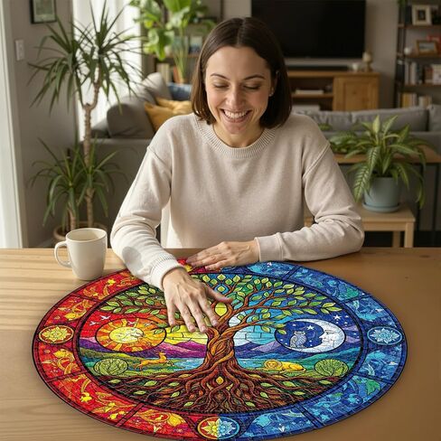 1000 Piece Round Jigsaw Puzzle for Adults - Stained Glass Yin Yan Tree of Life, 26.8" Diameter - Brain Challenge & Stress Relief, Ideal Mindful Gift for Family Night, Artistic Wall Decor in Saudi Arabia
