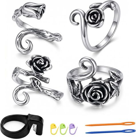 4Pcs Curated Rose Crochet Ring for Finger Adjustable, Vintage Flower Tension Ring for Crochet & Knitting, Antique Silver Floral Yarn Guide Finger Holder with Thread Cutter Ring, US Size 5-12 Gift Set in Saudi Arabia