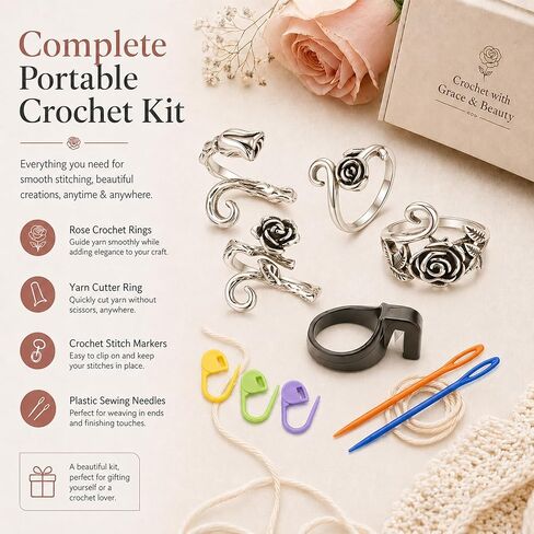 4Pcs Curated Rose Crochet Ring for Finger Adjustable, Vintage Flower Tension Ring for Crochet & Knitting, Antique Silver Floral Yarn Guide Finger Holder with Thread Cutter Ring, US Size 5-12 Gift Set in Saudi Arabia