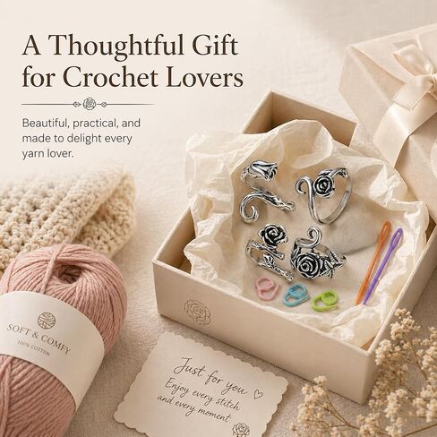 4Pcs Curated Rose Crochet Ring for Finger Adjustable, Vintage Flower Tension Ring for Crochet & Knitting, Antique Silver Floral Yarn Guide Finger Holder with Thread Cutter Ring, US Size 5-12 Gift Set in Saudi Arabia