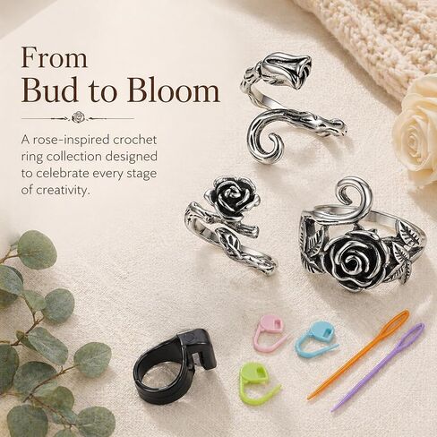 4Pcs Curated Rose Crochet Ring for Finger Adjustable, Vintage Flower Tension Ring for Crochet & Knitting, Antique Silver Floral Yarn Guide Finger Holder with Thread Cutter Ring, US Size 5-12 Gift Set in Saudi Arabia