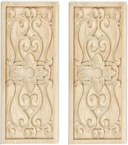 2 Pcs Decorative Wood Flower Carved Appliques Onlays Decals, 3.1 x 7.8 Inch Unpainted Solid Wooden Square Carving Decal Trim for Furniture Cabinet Closet Decoration in Saudi Arabia