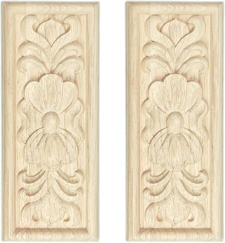 2 Pcs Decorative Wood Flower Carved Appliques Onlays Decals, 3.1 x 7.8 Inch Unpainted Solid Wooden Square Carving Decal Trim for Furniture Cabinet Closet Decoration in Saudi Arabia