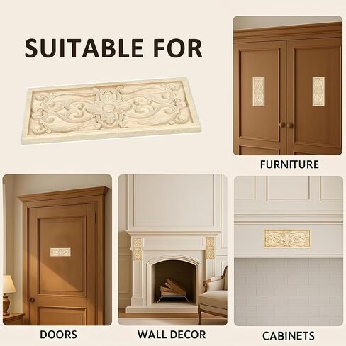 2 Pcs Decorative Wood Flower Carved Appliques Onlays Decals, 3.1 x 7.8 Inch Unpainted Solid Wooden Square Carving Decal Trim for Furniture Cabinet Closet Decoration in Saudi Arabia