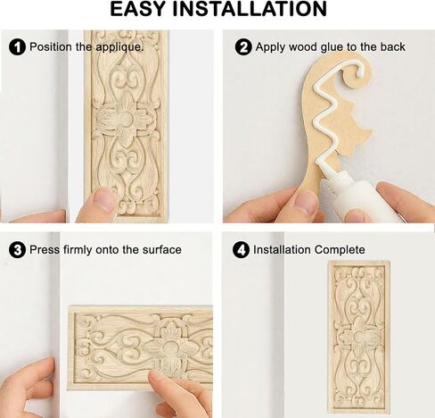 2 Pcs Decorative Wood Flower Carved Appliques Onlays Decals, 3.1 x 7.8 Inch Unpainted Solid Wooden Square Carving Decal Trim for Furniture Cabinet Closet Decoration in Saudi Arabia