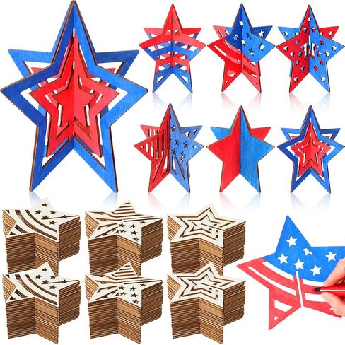 100 قطعة من Leinuosen DIY 3D 4th of July Stars Wood Crafts لطلاء 4 بوصة شرائح خشبية غير مكتملة قابلة للطلاء للحرف اليدوية، يوم المحاربين القدامى، يوم الذكرى، زخارف طاولة النجوم للرسم in Kuwait