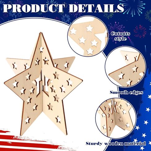 100 قطعة من Leinuosen DIY 3D 4th of July Stars Wood Crafts لطلاء 4 بوصة شرائح خشبية غير مكتملة قابلة للطلاء للحرف اليدوية، يوم المحاربين القدامى، يوم الذكرى، زخارف طاولة النجوم للرسم in Kuwait