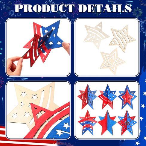100 قطعة من Leinuosen DIY 3D 4th of July Stars Wood Crafts لطلاء 4 بوصة شرائح خشبية غير مكتملة قابلة للطلاء للحرف اليدوية، يوم المحاربين القدامى، يوم الذكرى، زخارف طاولة النجوم للرسم in Kuwait