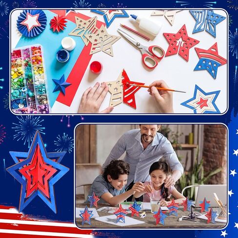 100 قطعة من Leinuosen DIY 3D 4th of July Stars Wood Crafts لطلاء 4 بوصة شرائح خشبية غير مكتملة قابلة للطلاء للحرف اليدوية، يوم المحاربين القدامى، يوم الذكرى، زخارف طاولة النجوم للرسم in Kuwait