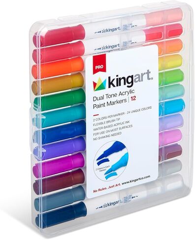 أقلام طلاء أكريليك مزدوجة اللون من KINGART، 12 قلمًا - طرف رفيع، حبر مائي، أقلام تحديد - مثالية للخط والرسوم التوضيحية والمجلات in Kuwait