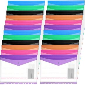 24 Pack Binder Pockets, Mixed Colors PVC Plastic Envelopes with Snap Button, 11 Holes Expandable Folders for 2/3/4 Ring Binders, Transparent Document Pouch for Office School Home Organization in Saudi Arabia