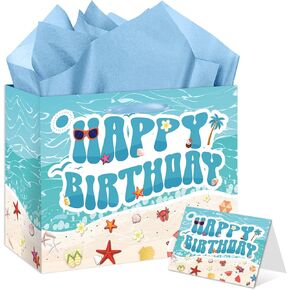 Beach Birthday Gift Bag for Kids, Boys & Girls - Ocean Seashell Themed Happy Birthday Gift Bag with Tissue Paper and Card, Blue Summer Hawaiian Bday Decorations, Baby Shower Party Supplies in Saudi Arabia